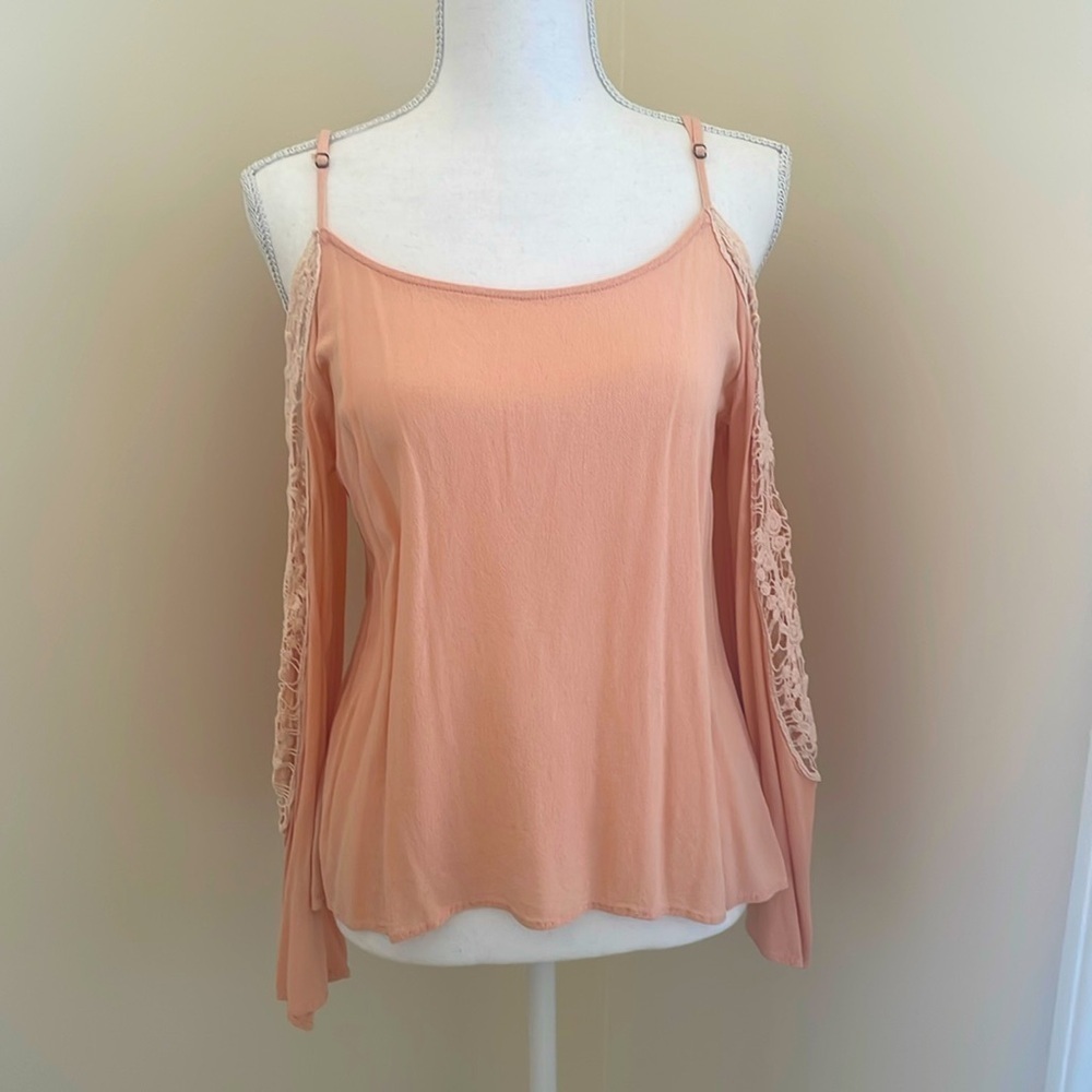 DNA Pale Salmon Color Rayon Cold Shoulder Top with Lace Trim. Medium